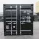 A shipping container with weight specifications and branding visible, set against a warehouse backdrop.