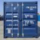 A blue shipping container with technical specifications visible, set against a background of similar containers.