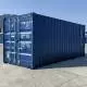 A blue shipping container on a concrete surface, with branding text overlayed in pink.