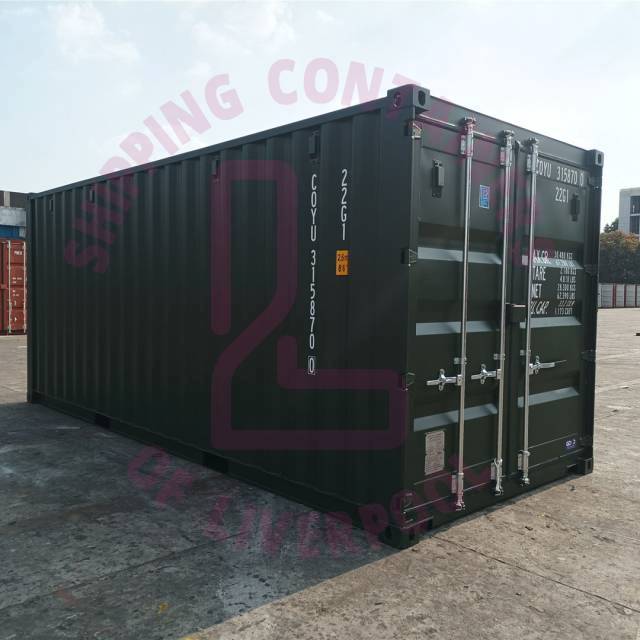 A green shipping container at a port, marked with “Shipping Containers of Liverpool” in bold text.