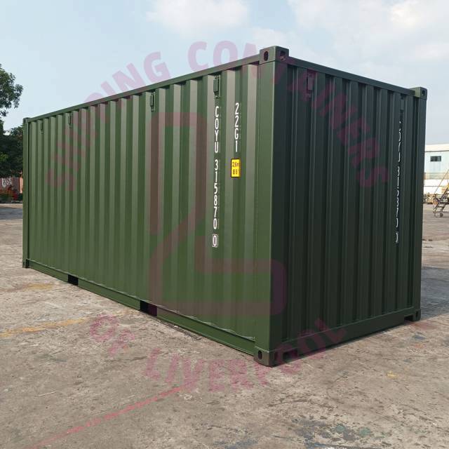A green shipping container stands on a concrete surface, surrounded by trees and buildings under a partly cloudy sky.