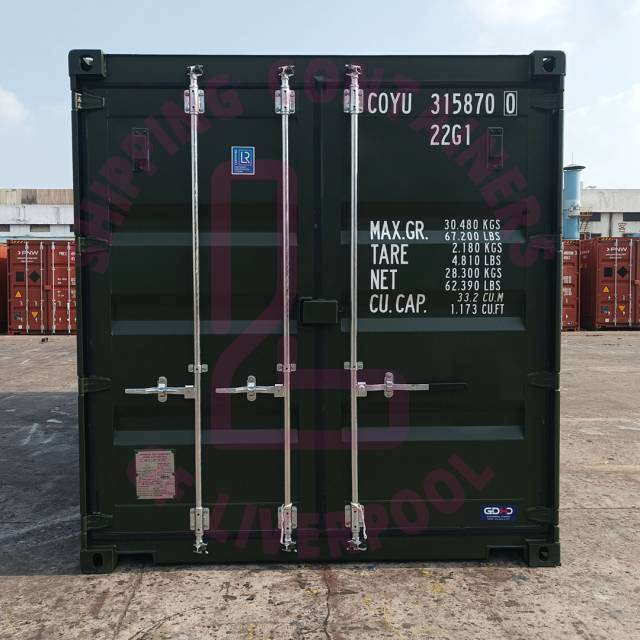A shipping container with weight details and a logo overlay, set against a background of other containers.