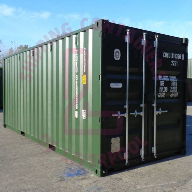 A green shipping container with text overlay about shipping services in Liverpool against a clear blue sky.