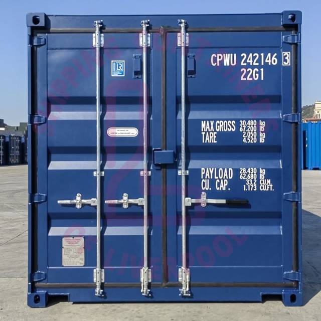 A blue shipping container with technical specifications visible, set against a background of similar containers.