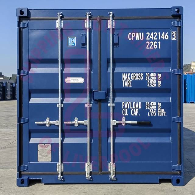 A blue shipping container with specifications and branding, set against a backdrop of similar containers.