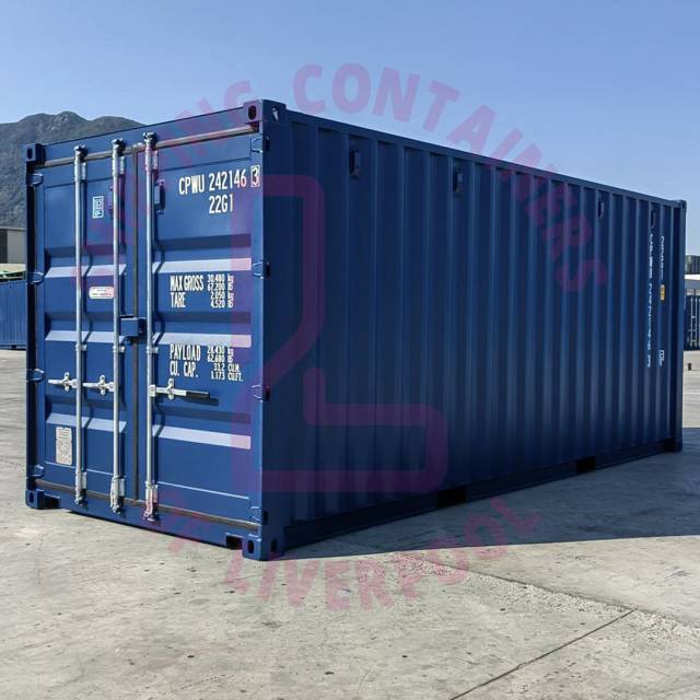 A blue shipping container on a concrete surface, with branding text overlayed in pink.