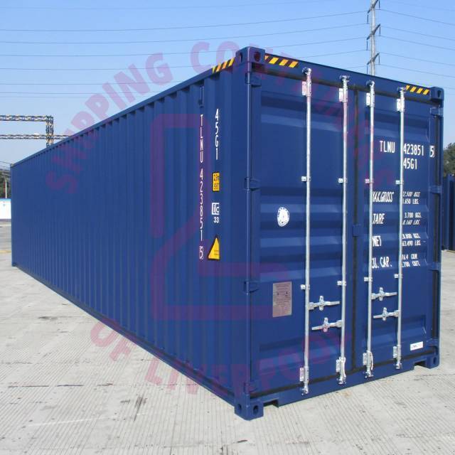 A blue shipping container is displayed, with text indicating it belongs to a Liverpool shipping company.