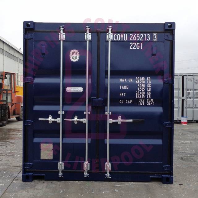 A blue shipping container with specifications displayed, marked 